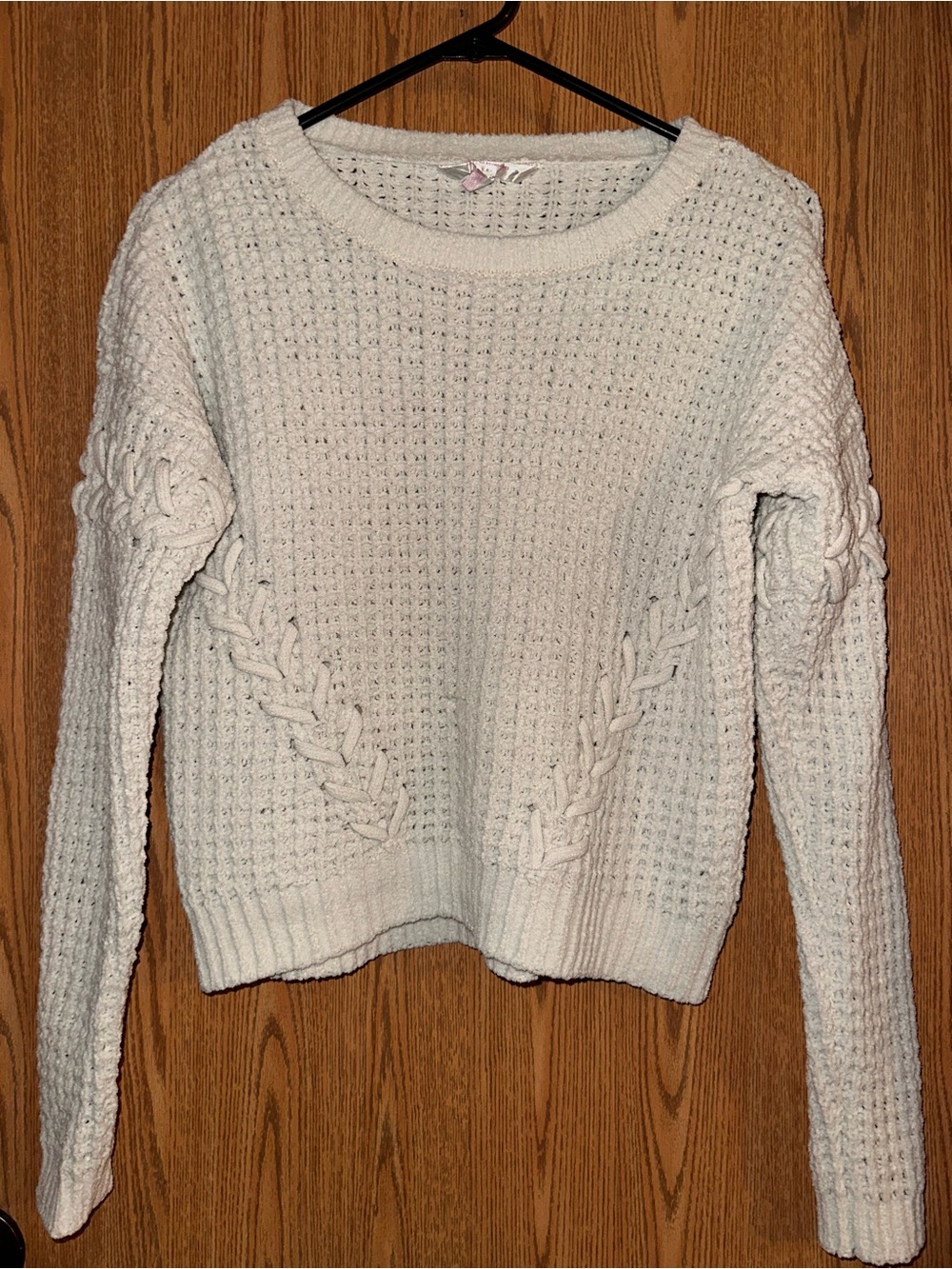 No Boundaries Cream Cable-Accent Crewneck Sweater